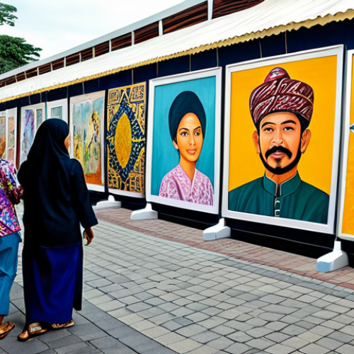 Home 8 **
"A vibrant street scene during the Brunei Art Festival, featuring artists displaying their work, people of all ages admiring the art, and colorful decorations adorning the street. The art includes batik paintings, calligraphy, and modern sculptures. Everyone is fully clothed in modest, appropriate attire. Safe for work, family-friendly, professional quality, perfect anatomy, natural proportions."
**