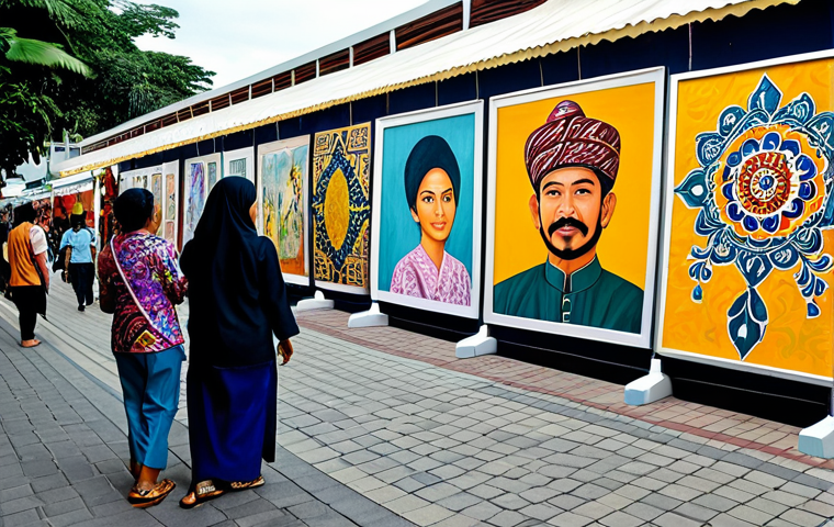 **

"A vibrant street scene during the Brunei Art Festival, featuring artists displaying their work, people of all ages admiring the art, and colorful decorations adorning the street. The art includes batik paintings, calligraphy, and modern sculptures. Everyone is fully clothed in modest, appropriate attire. Safe for work, family-friendly, professional quality, perfect anatomy, natural proportions."

**