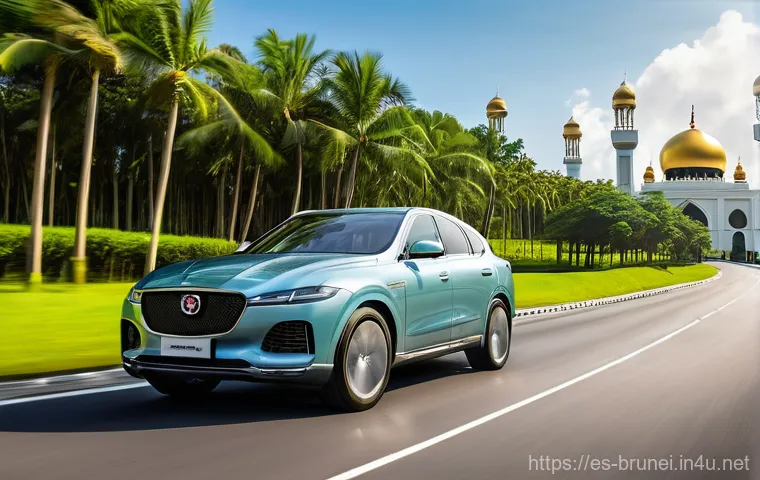 브루나이 교통사고 통계 - **Prompt:** A serene and picturesque scene of a modern, sleek car (like a luxury sedan or SUV) drivi...