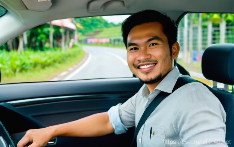브루나이 교통사고 통계 - **Prompt:** A serene and picturesque scene of a modern, sleek car (like a luxury sedan or SUV) drivi...