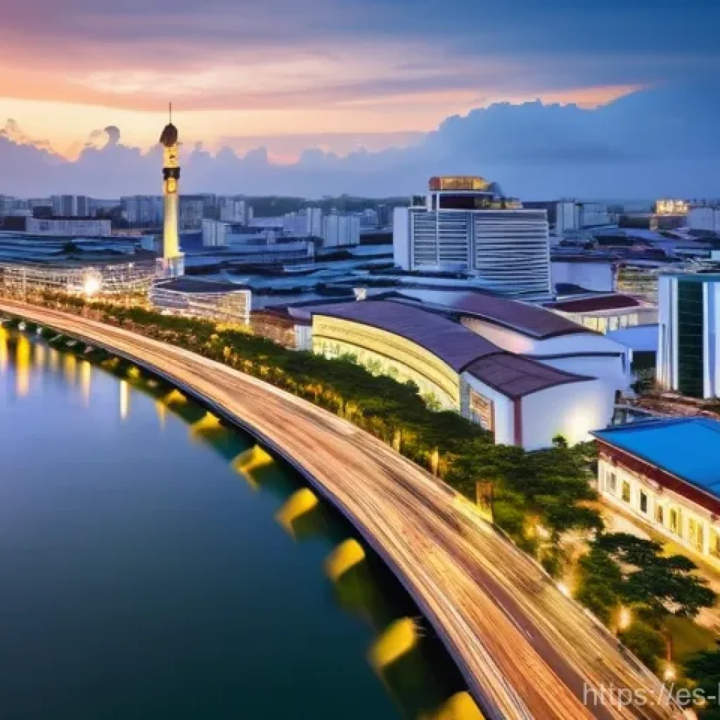 브루나이 시장 탐방기 - **Prompt:** "A vibrant, panoramic view of Bandar Seri Begawan at dusk, showcasing a harmonious blend...