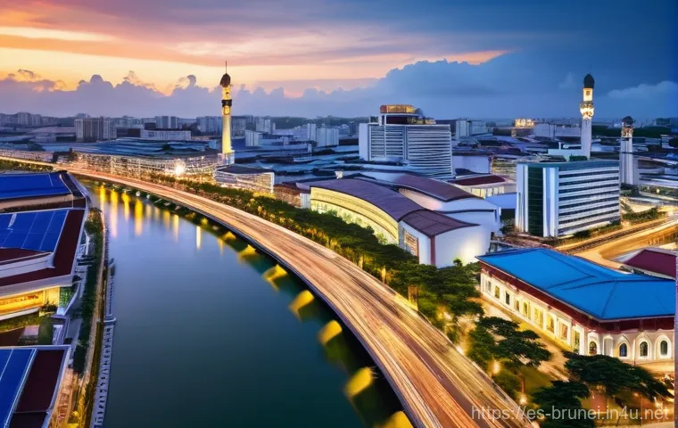 브루나이 시장 탐방기 - **Prompt:** "A vibrant, panoramic view of Bandar Seri Begawan at dusk, showcasing a harmonious blend...