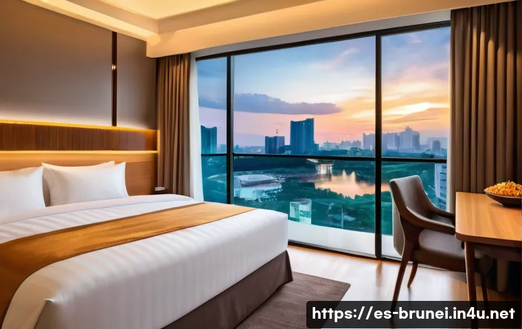 브루나이 호텔 vs 에어비앤비 비교 - A modern hotel room in Brunei featuring clean, minimalist decor with a comfortable queen-sized bed, ...