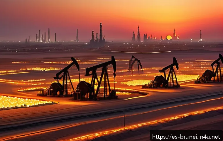 브루나이와 사우디아라비아 비교 - A vibrant and detailed digital painting of a sprawling Saudi Arabian oil field at sunset, with thous...