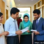 브루나이의 비자 신청 절차 - A diverse group of international travelers at a Brunei embassy visa application center, showing peop...