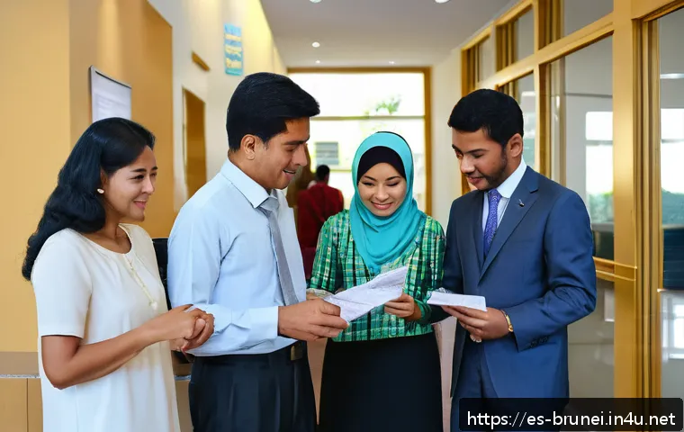 브루나이의 비자 신청 절차 - A diverse group of international travelers at a Brunei embassy visa application center, showing peop...