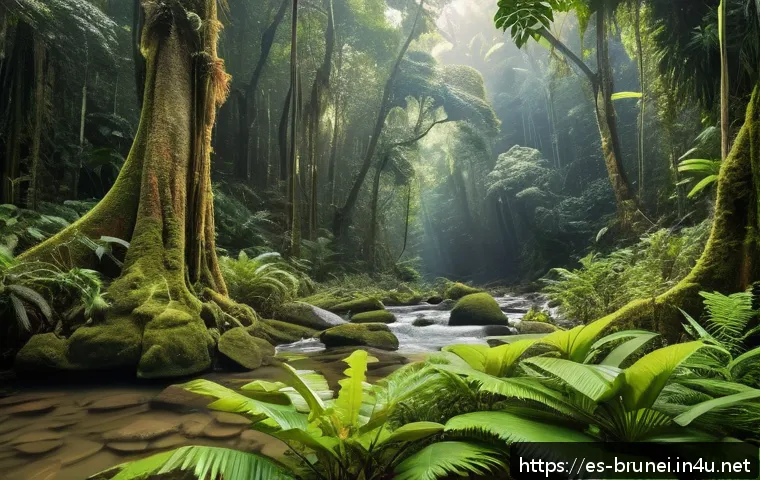 브루나이 최고의 스팟 - A vibrant and lush tropical rainforest scene in Ulu Temburong, Brunei, showcasing towering ancient t...