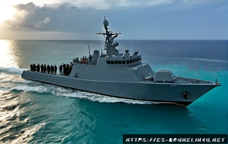브루나이의 국방 정책 - Photorealistic Brunei coastal defense scene, a modern offshore patrol vessel moving through calm tur...