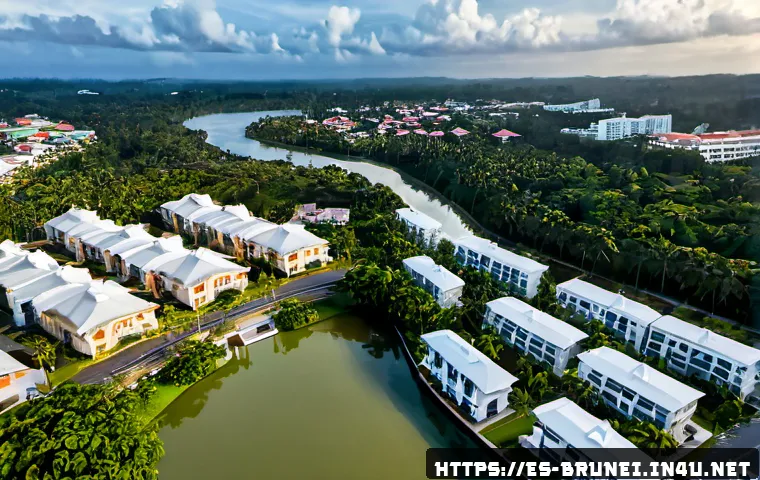 Home 17 브루나이 도시 계획 - Photorealistic aerial view of a thoughtfully planned tropical capital city in Brunei, broad tree-lin...