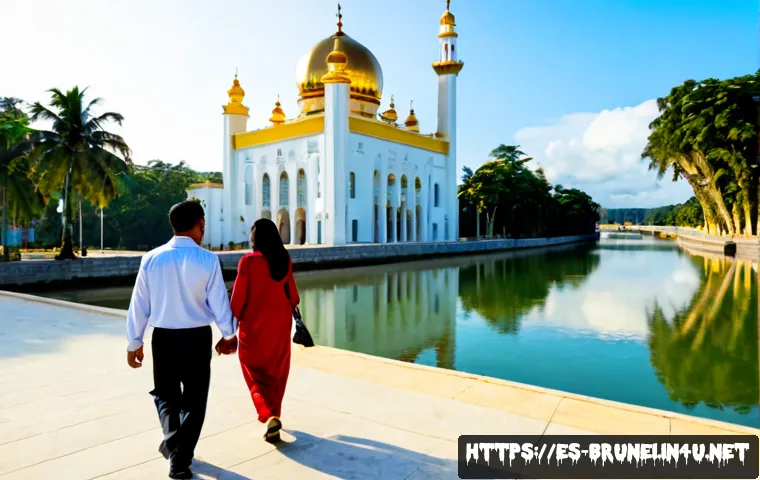 브루나이 인기 여행 시즌 - Photorealistic dry-season travel scene in Bandar Seri Begawan, Brunei, a Spanish-speaking family of ...
