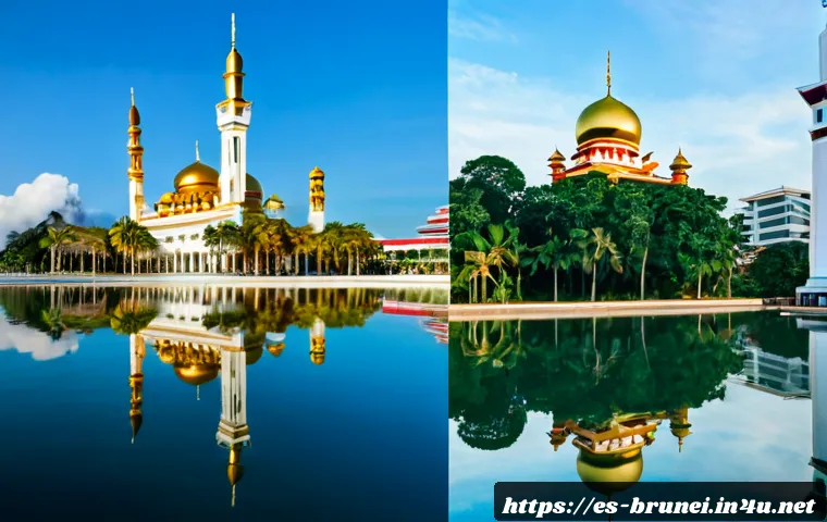 브루나이와 말레이시아 비교 - Photorealistic split-screen travel comparison of Brunei and Malaysia: left side a serene waterfront ...