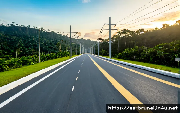Home 17 브루나이의 전기 및 에너지 공급 - Photorealistic wide-angle view of a modern electricity substation in Brunei, neat transmission lines...